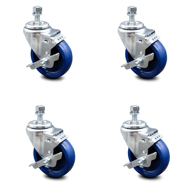 4 Inch Solid Polyurethane Swivel 10mm Threaded Stem Caster Set with Brake